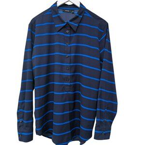 APT.9 Navy Blue Stripe Blouse Large Womens Long Sleeve Top Career Classic
